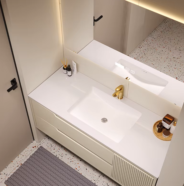 Mueble, espejo inteligente y lavabo de bano gold